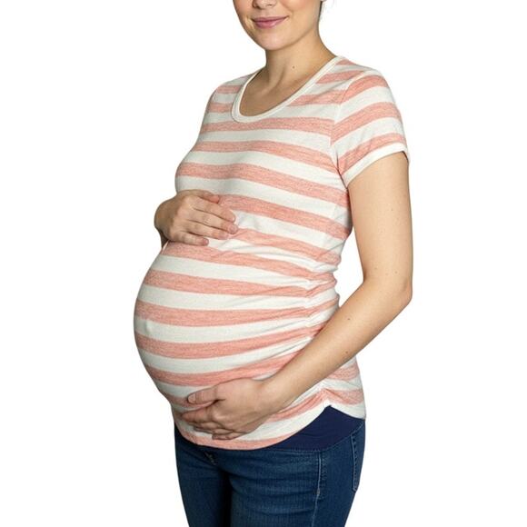 Market & Spruce Maternity Crewneck Coral White Striped Tee NWT Size Medium - Picture 1 of 9